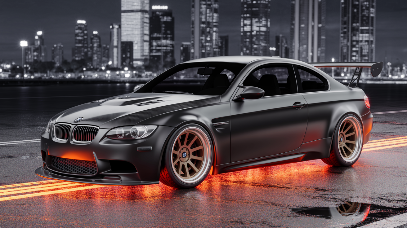 Modified BMW M3 with widebody kit, matte black finish, and neon underglow